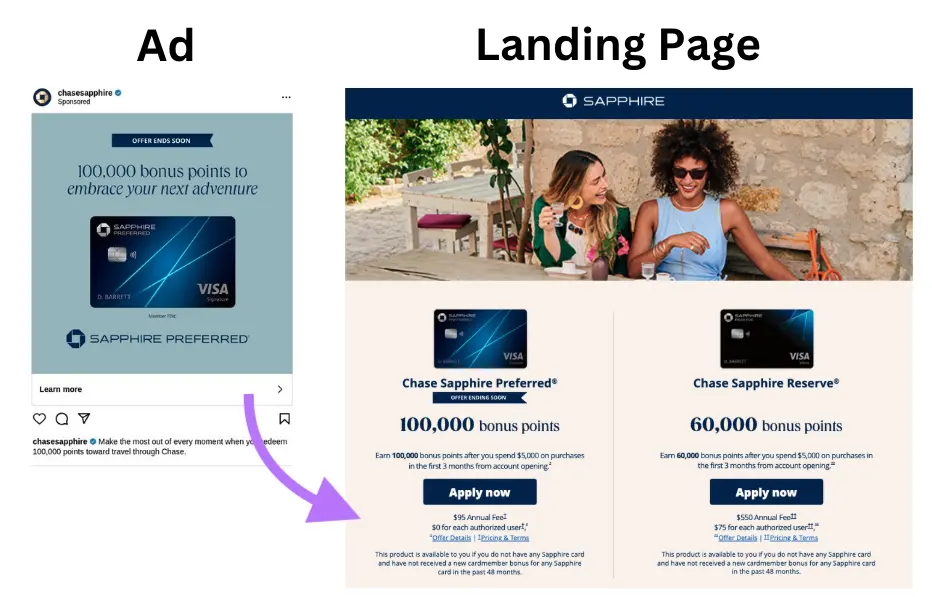 An ad on Instagram that directs users to a landing page that matches the campaign's message and visuals.
