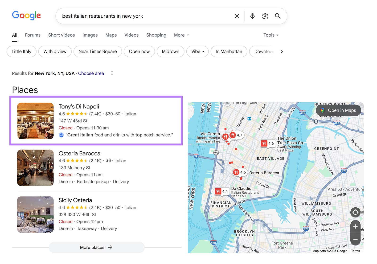 Google search results for “best Italian restaurants in New York” showing Tony’s Di Napoli ranked first in the local 3-Pack with map on the right